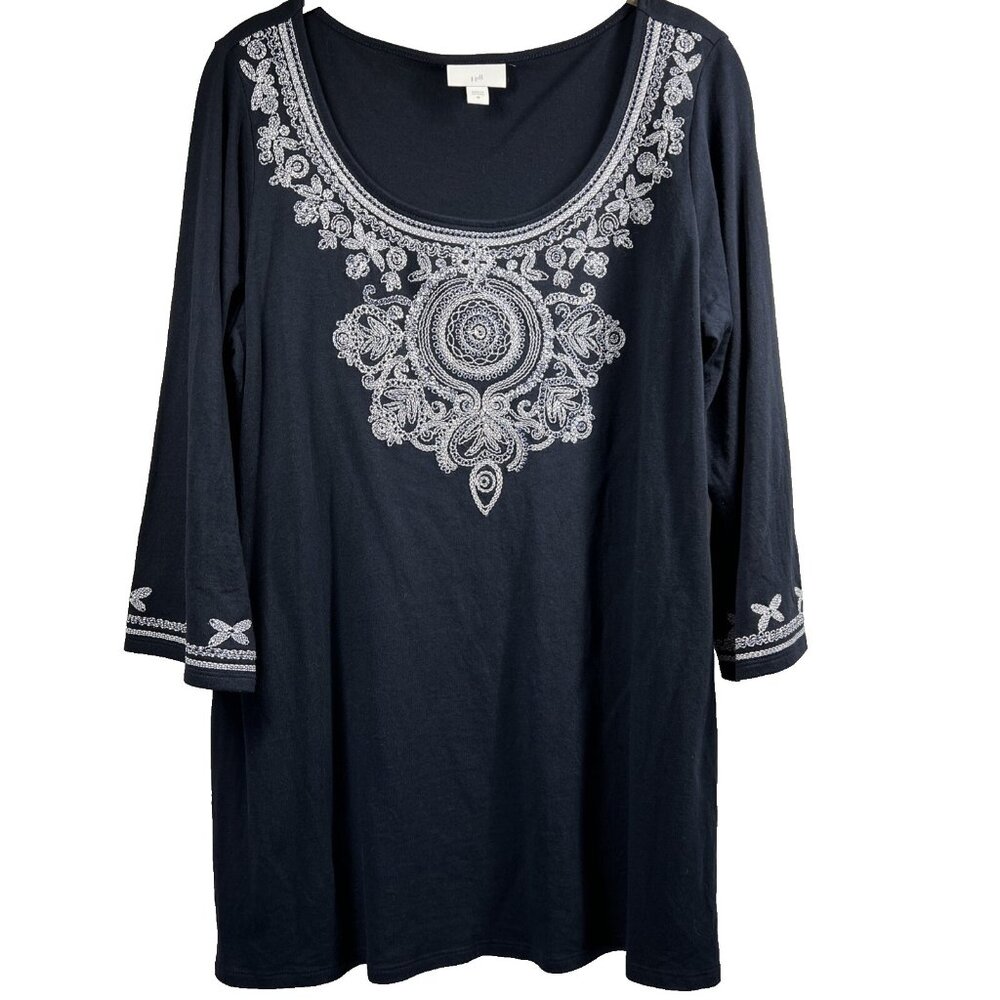 J Jill Women's Top Size Medium Navy Blue Embroidered Tunic Bohemian 3/4 Sleeves